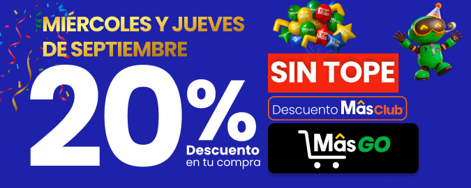 Todos los Miércoles y Jueves de septiembre 🛍️ 20% de descuento en toda tu compra SIN TOPE en Tiendas MásGo ✨