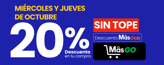 Todos los Miércoles y Jueves de octubre 🛍️ 20% de descuento en toda tu compra SIN TOPE en Tiendas MásGo ✨